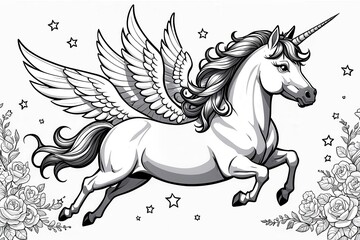 A majestic winged unicorn gracefully leaps amidst stars and roses in a monochrome design.