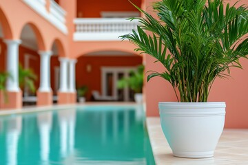 Fototapeta premium White planter with green plant next to a pool and a pink building in the background.