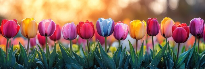 Colorful Tulips in a Garden Bed at Sunset
