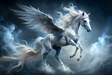 A Pegasus materializes from the wispy tendrils of smoke, its mane and tail billowing behind it in a graceful dance.