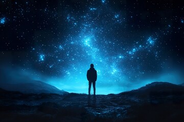A solitary figure standing under a vast starry sky representing awe and introspection