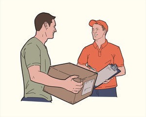 Illustration of delivery man giving package to customer wearing orange shirt. Flat color vector.