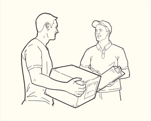 Illustration of Delivery man giving package customer. Outline vector line art.