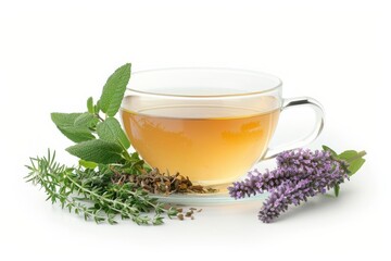 Fototapeta premium Freshly brewed herbal tea, white background, calming beverage
