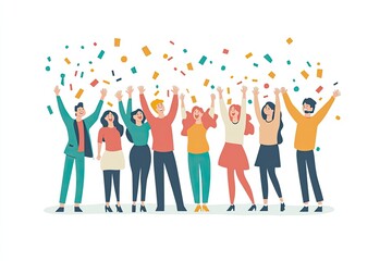 A vibrant group of friends celebrates with confetti and joy, radiating happiness and a sense of unity. This festive illustration captures the essence of shared triumph!