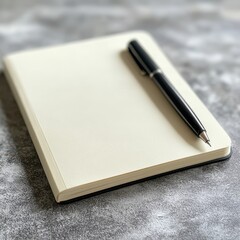 A closed notebook with a black pen lying on top of it, ready for writing.