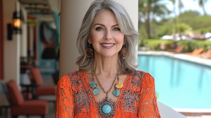 Beautiful Charming 55 year old tall woman supermodel outdoors outdoor park