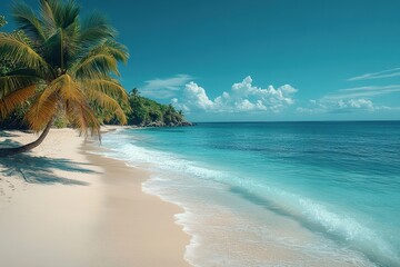 Fototapeta premium A tranquil beach with crystal clear turquoise waters and palm trees swaying in the breeze