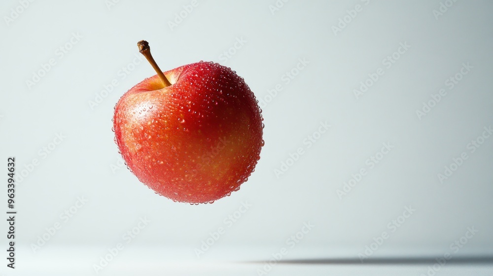 Poster a wet red apple floating in mid-air against a white background
