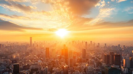 Fototapeta premium A vibrant sunset casts warm light over a sprawling cityscape. The sun shines brightly through clouds, creating a dramatic and beautiful scene.