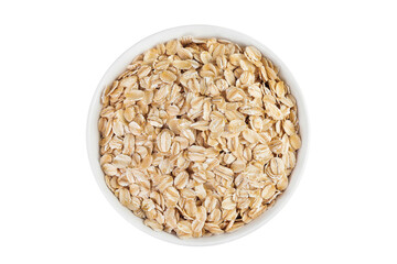 Oat flakes in ceramic bowl isolated on white background with full depth of field. Top view. Flat lay