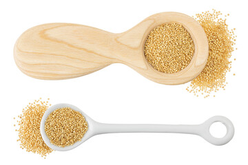 Amaranth grain seeds in wooden and ceramic spoon isolated on white background. Top view. Flat lay