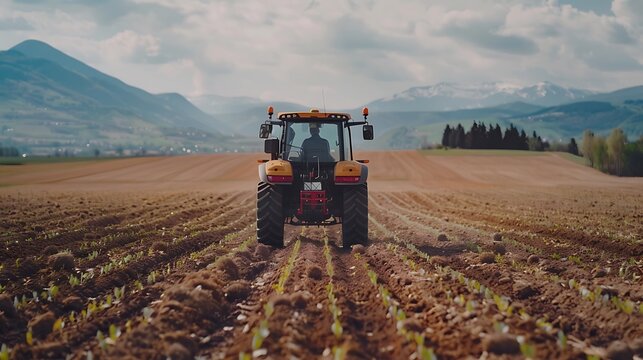 A red tractor is ploughing a field of brown soil with lines.

