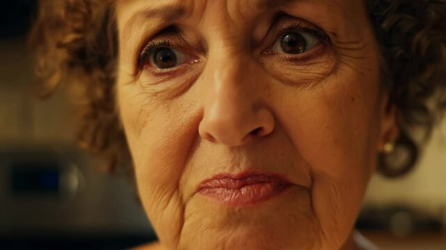 Close-up of a middle-aged woman with curly hair expressing disgust. Blurred kitchen background. 