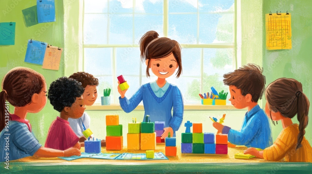 Poster engaging math lesson: teacher uses colorful manipulatives to teach, students solve problems together