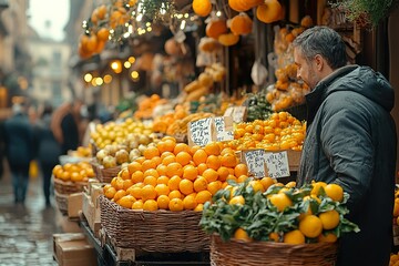 A vibrant bustling farmers market with people browsing stalls of fresh produce and handmade goods