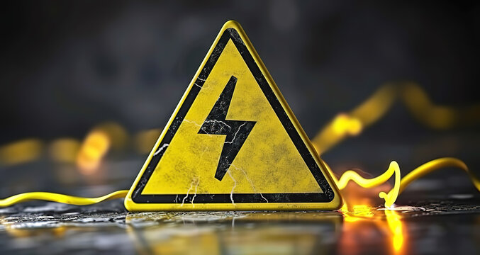 A yellow warning sign with a lightning bolt symbol, representing high voltage or electrical danger.  The sign is set against a dark background with electric sparks.