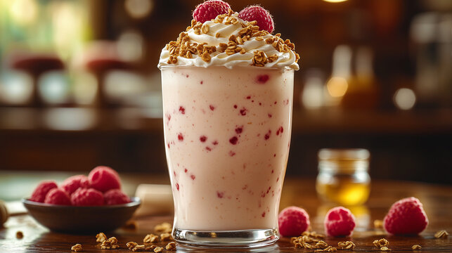 Pour le petit d&eacute;jeuner, un cappuccino chaud et cr&eacute;meux se m&ecirc;le &agrave; un dessert au chocolat. En verre, la boisson d&eacute;licieuse est accompagn&eacute;e de bonbons et de fruits frais.