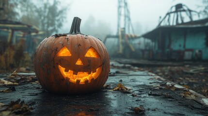 A glowing jack-o'-lantern in a misty, abandoned amusement park.