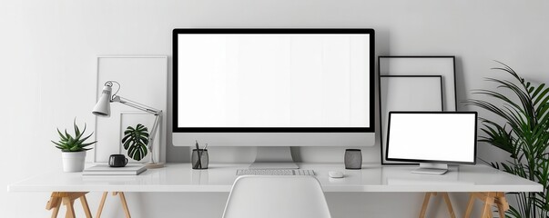 Modern desktop with dual monitors, white background, office technology