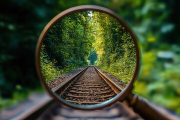 A magnifying glass focusing on a railway track leading into a lush forest, suggesting exploration and discovery.