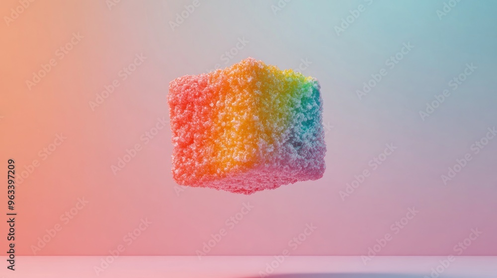 Poster Rainbow-Colored Sugar Cube Floating Against a Gradient Background