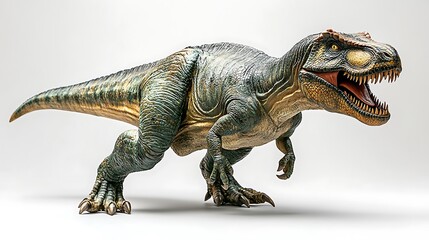 A green and brown Tyrannosaurus Rex dinosaur with a large head and a gaping mouth is seen in a hunting stance, standing on a plain white background.