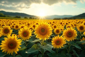 Obraz premium A vibrant field of blooming sunflowers stretching towards the horizon on a sunny day
