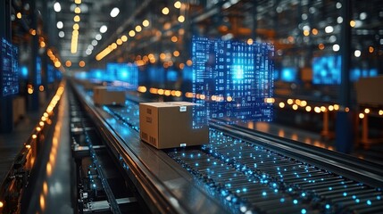 Cardboard Box Moving on a Conveyor Belt with Digital Data Overlay