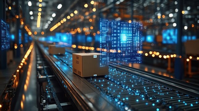 Cardboard Box Moving on a Conveyor Belt with Digital Data Overlay - Powered by Adobe