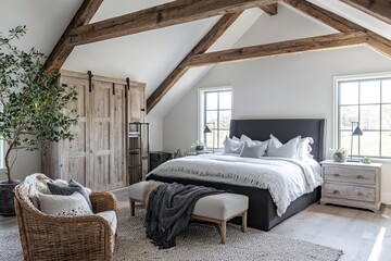 A luxurious modern farmhouse bedroom showcases historic wood beams.
