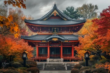 Obraz premium Serene scene of a traditional japanese temple standing amidst vibrant autumn foliage, showcasing the beauty of japanese architecture and nature's artistry