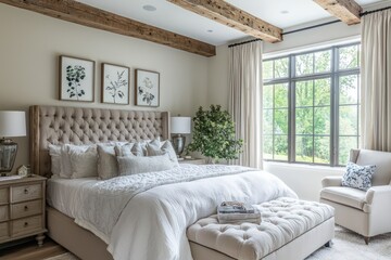 A luxurious modern farmhouse bedroom showcases historic wood beams.