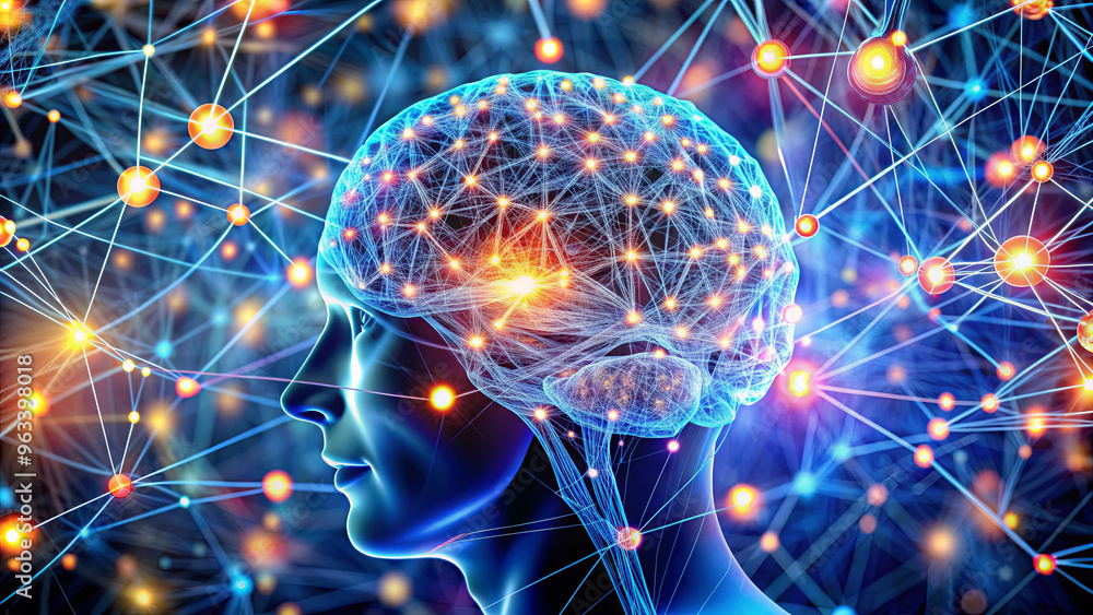 Poster a digital representation of a human brain highlights intricate neural connections illuminated by col