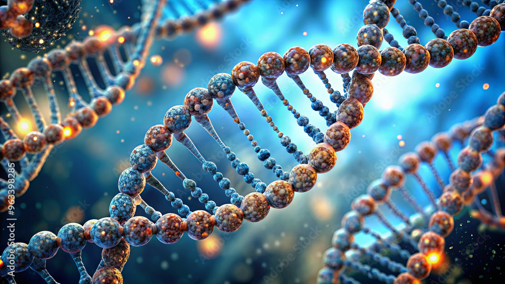 Poster a visually striking representation showing intricate dna strands twisting and coiling, illuminated b