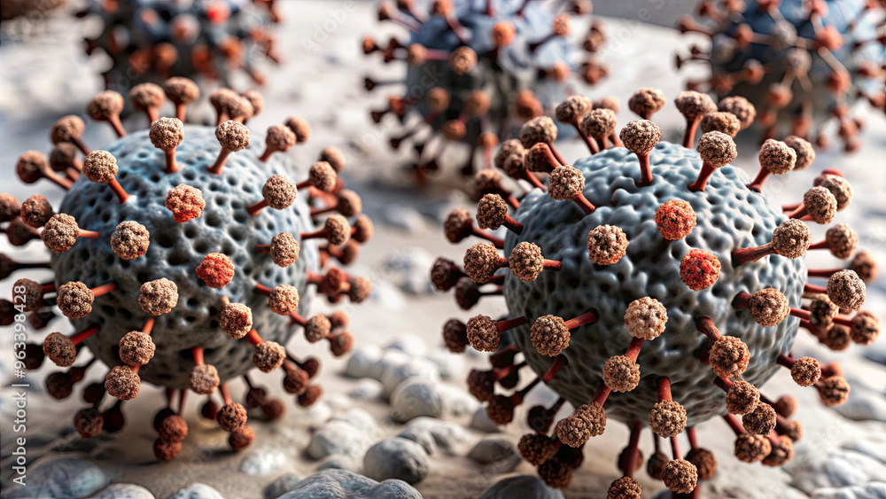 Poster This close-up view highlights SARS-CoV-2 virus particles, emphasizing their distinct spike proteins and textures visible under a microscope in a laboratory environment