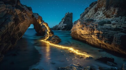 Obraz premium long exposure of a light in a coastal part with sea at night