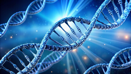 The intricate double helix of DNA is portrayed with a glowing blue illumination, emphasizing its complex structure against a radiant, vibrant background