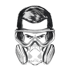 silhouette illustration of a man wearing a gas mask on a white background