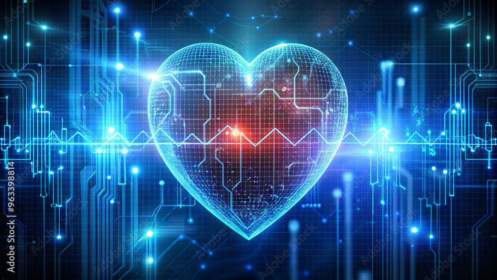 Aufkleber A glowing digital heart appears against a backdrop of circuitry and graphs, symbolizing health metrics and data visualization in a modern context