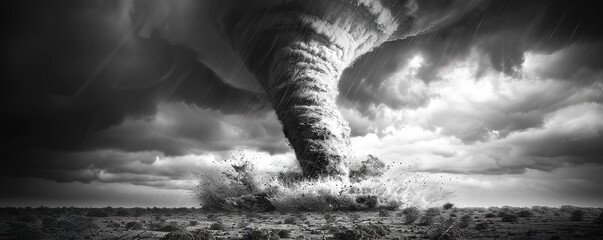 A powerful tornado touches down in a field, its swirling funnel cloud reaching towards the sky. The scene is captured in a dramatic black and white photograph.