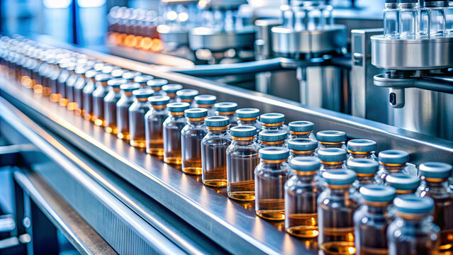 Rows of glass vials containing amber liquid travel steadily on a conveyor belt inside a bright pharmaceutical production facility, indicating a busy manufacturing process