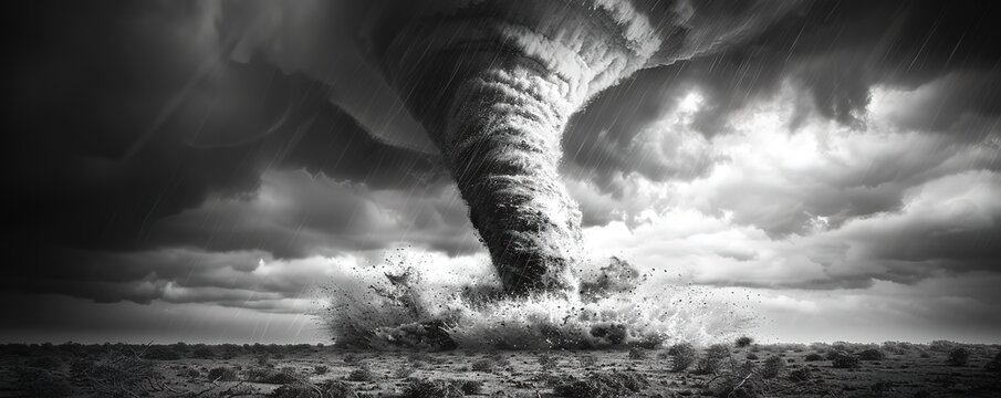 A powerful tornado touches down in a field, its swirling funnel cloud reaching towards the sky. The scene is captured in a dramatic black and white photograph.