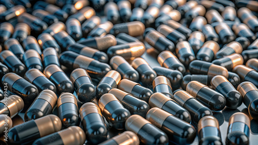 Poster a vibrant collection of black and brown capsules is displayed in a disordered layout on a shiny meta