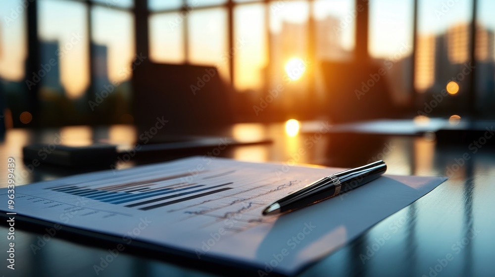 Poster a business workspace featuring charts and graphs, illuminated by sunset through large windows, ideal
