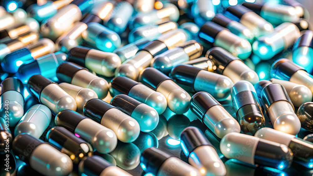 Poster a multitude of vibrant capsules in various colors and sizes are spread out on a shiny, reflective su