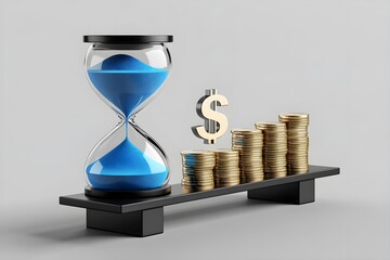 A symbolic representation of time and money, featuring an hourglass and stacks of coins for financial concepts.