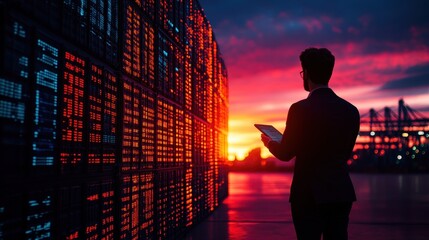 A business professional stands before a vibrant sunset, holding a tablet near shipping containers, symbolizing technology and logistics.
