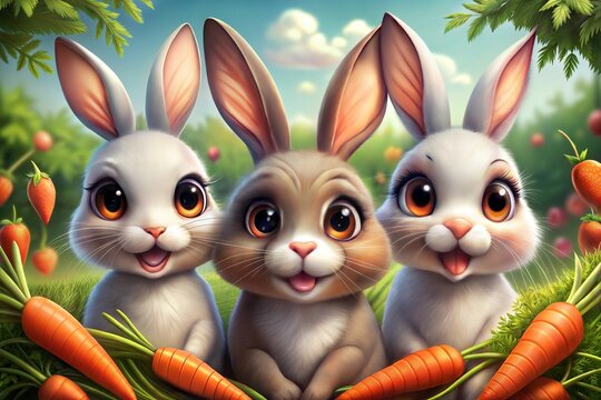 Adorable trio of cartoon bunnies in lush garden with carrots and greenery