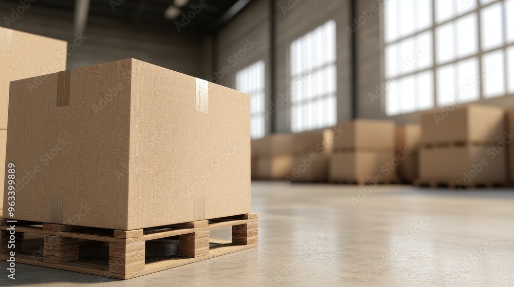 Poster a close-up view of a cardboard box on a pallet in a spacious warehouse, highlighting storage and log